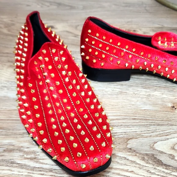 After Midnight Mens Harvie AM Exclusive Smoker Red Velvet Gold Spike Studs Shoes - Picture 1 of 11